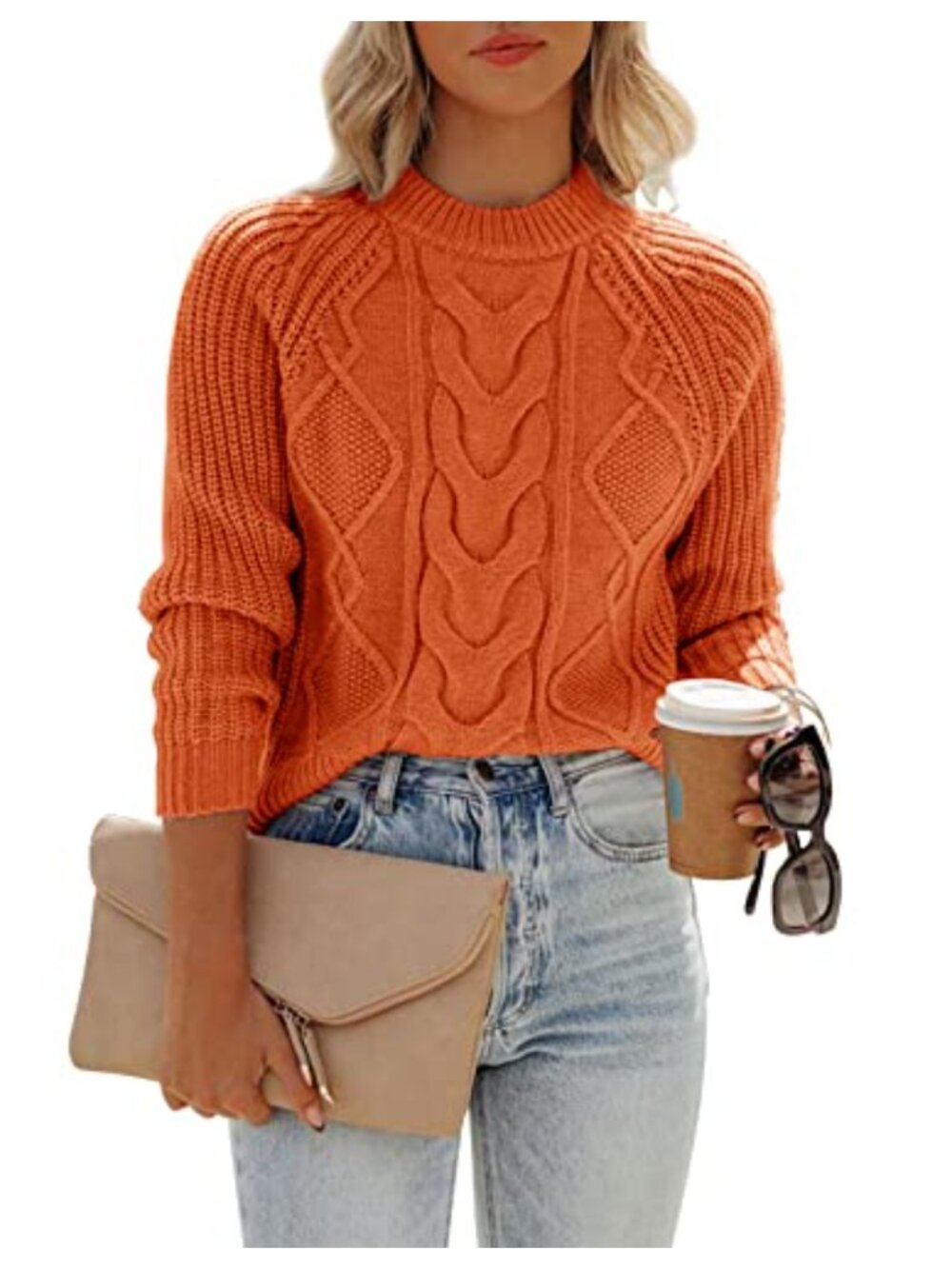 Women's Cable Knit Crew Neck Pullover Sweater Long Sleeve